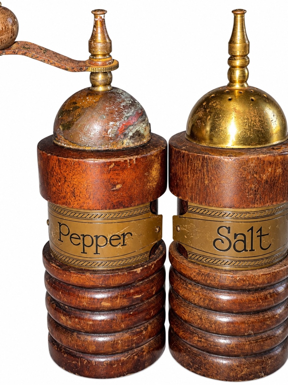 Vintage Wooden Salt & Pepper Mills with Brass Tops - Brown